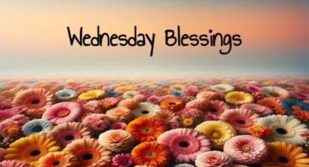 Happy Wednesday blessing image with calm nature and prayer text